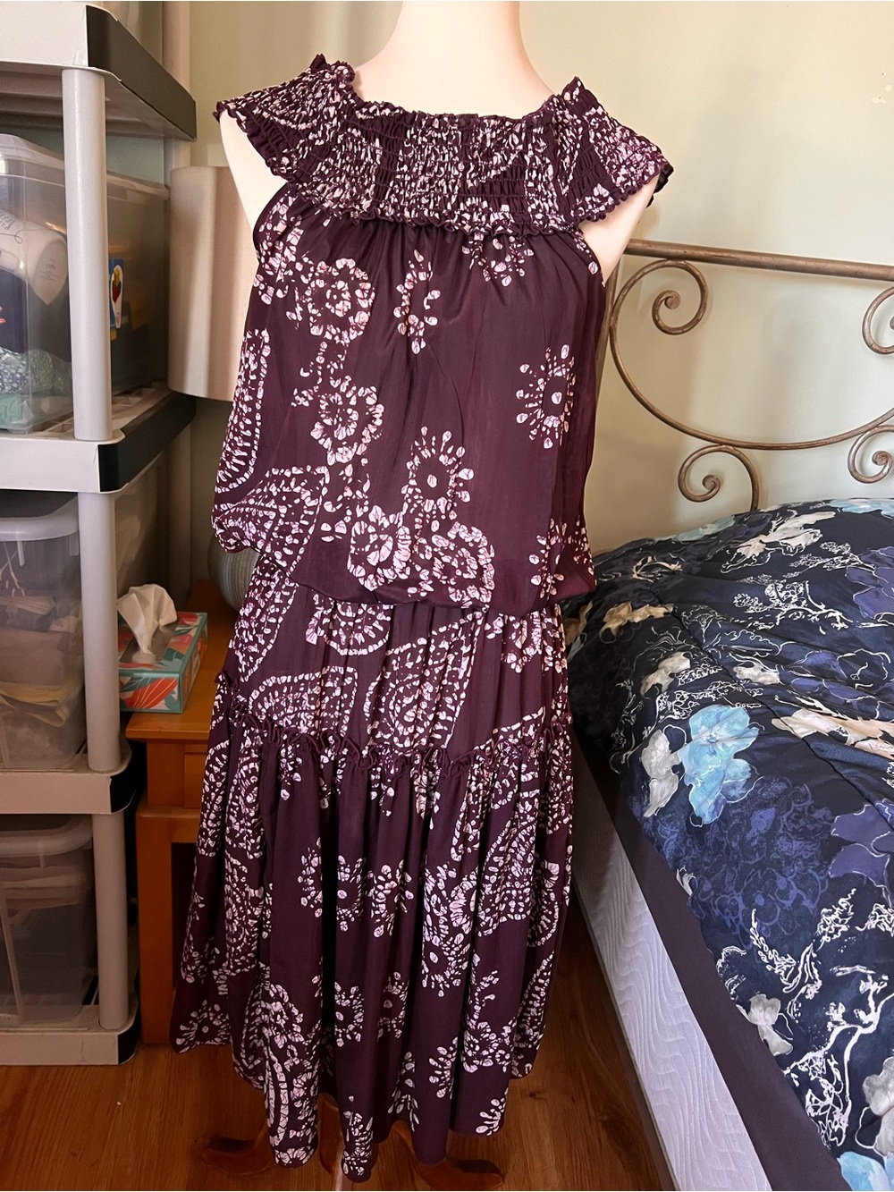 Bohemian Floral Off-Shoulder Midi Dress in Brown
